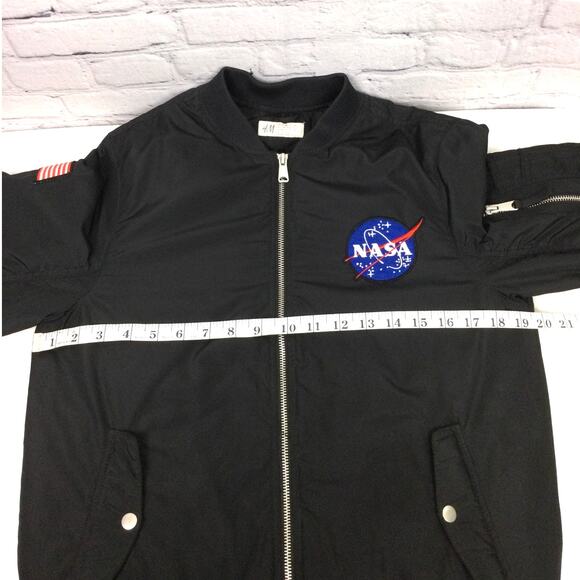 H&M Nasa Logo American Flag Patch Black Quilted Bomber Flight Jacket Kids 12/14 - Picture 11 of 13